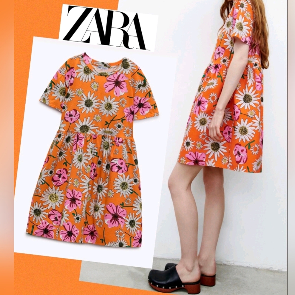 Zara Kids Floral Dress in Orange and Pink